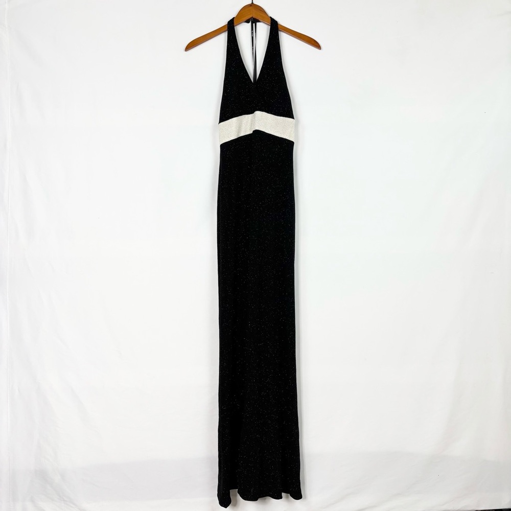 Vintage 90s Blondie Nites Halter Maxi Dress Beaded Black White Stretch Size 7